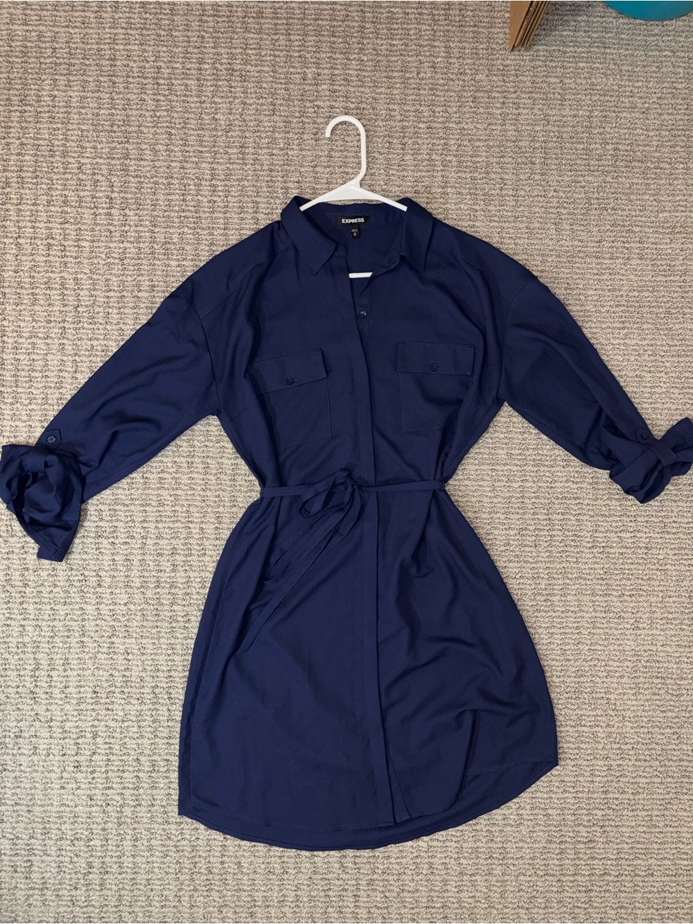 Express Navy Midi Shirt Dress with Waist Tie - Size M